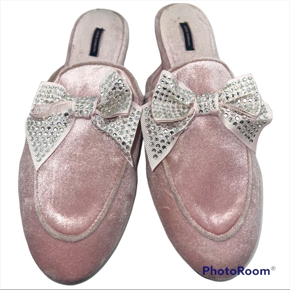Victoria Secret Rhinestone bow velvet mule slipper